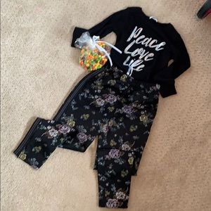 Cozy girls floral track pants with PEACE LOVE LIFE